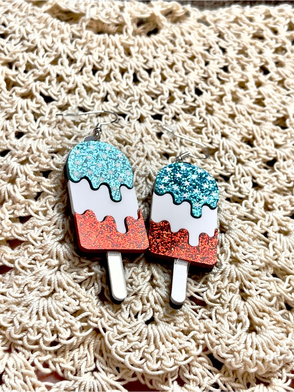 NEW Retro Kitschy Red and Blue White popsicle glitter Earrings